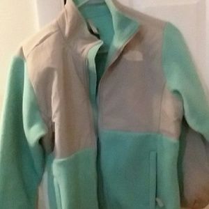 Blue and gray north face jacket